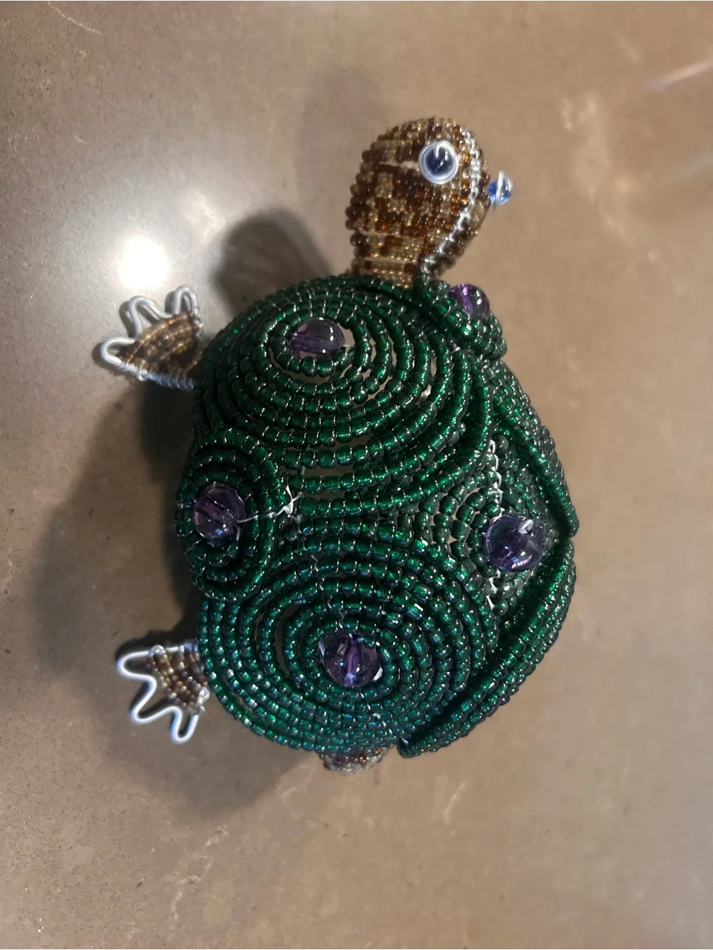 Handcrafted Beaded Reptile Figurine - Green and Purple